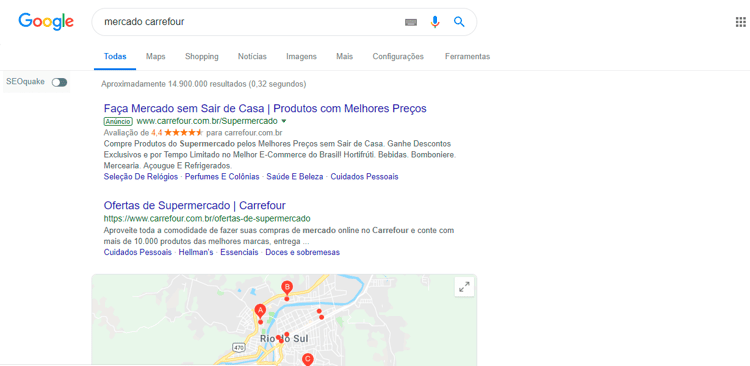 Primeira página pesquisa Google mercado Carrefour